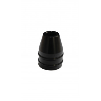 A black, cylindrical plastic cap tapers upward and is ridged in the center, resting upright against a plain white background.
