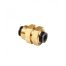 A brass pneumatic connector with black rubber seals is lying on a white background, showing its hex nuts and threaded sections designed for joining air hoses or tubing.