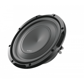 A black subwoofer speaker with a circular shape is angled slightly upward against a white background. The text "ALPINE" is printed on the cone's surface.