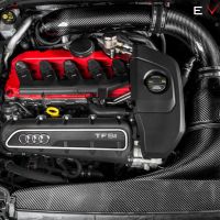 A high-performance car engine from Audi, featuring a red engine cover with "TFSI" and Audi logo, outfitted with Eventuri carbon fiber intake system, in a black/red engine bay. "EVENTURI" is written in the top right corner.