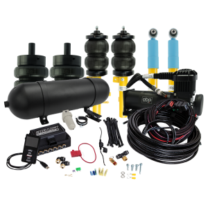 Car air suspension kit components arranged on a white surface. Items include springs, air compressor, shock absorbers, an air tank, valve system, cables, and various small hardware parts. Text: "AIR LIFT Performance".