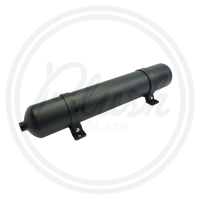 A cylindrical black metal tank with mounting brackets lies horizontally against a white backdrop. "Plush Est. 2006" is faintly visible in the background text.