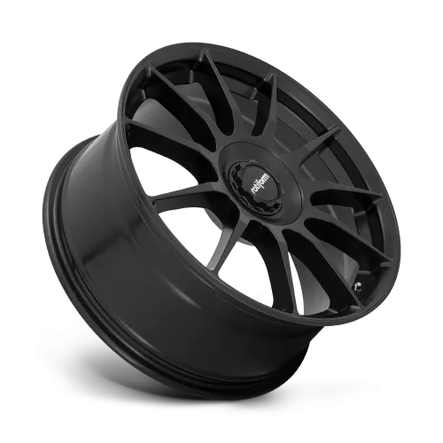 A black, ten-spoke car wheel rim is angled slightly to the right against a plain background. The center cap features the logo "rotiform."