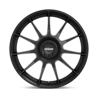 A matte black alloy car wheel with a central hub logo reading "rotiform", featuring a multi-spoke design, against a plain grey background.