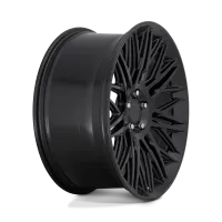 A matte black car rim with intricate, multi-spoke design is shown in a plain, white background.