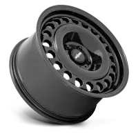 A shiny black alloy wheel with multiple circular holes around the edge and the word "rotiform" written on the center cap, displayed against a plain gray background.
