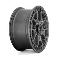 A matte gray alloy wheel with intricate, geometric spoke design against a white and yellow background. The wheel's center cap features the text "rotiform."