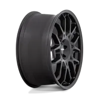 A matte black alloy wheel with a complex, multi-spoke design is positioned against a plain, black background. The central hubcap is labeled “rotiform."