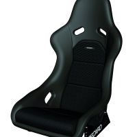 A black Recaro racing seat with side bolsters and a reclined position, displaying the "RECARO" logo on its side support, isolated against a white background.