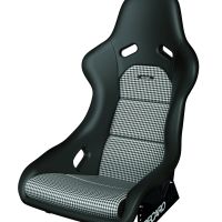 Black racing car seat with a houndstooth-patterned fabric cushion, featuring the brand name "RECARO" in the center and on the base, against a plain white background.