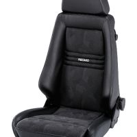 A black car seat with "RECARO" logo on the backrest, featuring a cushioned headrest, adjustable controls on the side, and a textured fabric pattern, set against a plain white background.