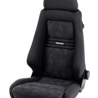 A black Recaro car seat, unoccupied, with an ergonomic design featuring padded cushions and a headrest, positioned against a plain white background.