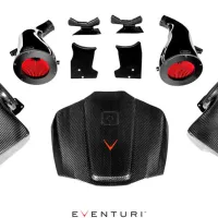 A set of black carbon-fiber engine covers and intake components with red accents arranged on a white background, labeled "EVENTURI" at the bottom.