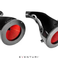 Two black carbon fiber air intake systems with red filters are positioned side by side against a white background. Text: "EVENTURI" at the bottom.