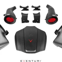 Carbon fiber car intake system components are arranged symmetrically, including air filters with red elements, ducts, and mounting brackets. Below the components, "EVENTURI" is printed in black and red text.