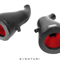 Two black, elongated carbon fiber air intake systems, each with a visible red air filter, are positioned on a white background. Branding text reads "EVENTURI" at the bottom center.