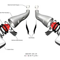 Exploded diagram of a car air intake system includes carbon filter housings, Gen 2 filter assemblies, expanding seals, stainless steel brackets, heat shields, carbon ducts, and machined outlet flanges. Text: "AMG GTR - GTS - GT EVENTURI."