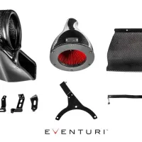 Carbon fiber air intake components are arranged against a white background. Highlighted parts include a conical filter with a red inner element. The text “EVENTURI” is printed below.
