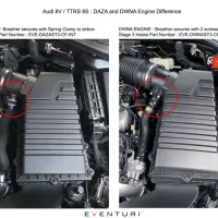 Two engine compartments comparison illustrating airbox breather attachment methods. Left: DAZA engine breather with spring clamp. Right: DWNA engine breather with two screws. Text: "Audi 8V / TTRS 8S: DAZA and DWNA Engine Difference. DAZA ENGINE: Breather secures with Spring Clamp to airbox. Stage 3 Intake Part Number: EVE-DAZAST3-CF-INT. DWNA ENGINE: Breather secures with 2 screws to airbox. Stage 3 Intake Part Number: EVE-DWNAST3-CF-INT."