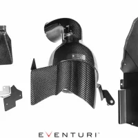Carbon fiber automotive components laid out on a white background. The center piece features a curved intake design. Bold text beneath reads "EVENTURI."