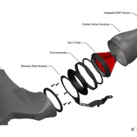 Exploded view of a car intake system displaying individual components: carbon duct, stainless steel bracket, cowl assembly, Gen 2 filter, carbon venturi housing, and integrated MAF section. Text: "BMW 135i F40 EVENTURI."