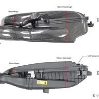 Top image: The Eventuri C63S airbox, measured with heights of 56mm, 74mm, and 162mm, displayed in a side profile view showcasing its sleek design. Bottom image: The stock C63S airbox, labeled "MAP Sensor Area," measured with heights of 23mm, 43mm, and 145mm, shown in a side profile view. Text: "EVENTURI C63S AIRBOX RIGHT SIDE PROFILE," "STOCK C63S AIRBOX RIGHT SIDE PROFILE," and "EVENTURI."