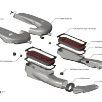 Mercedes C63S intake system exploded view, showing parts: carbon airbox lids, high-flow filters, sensor brackets, CNC machined flanges, mounts, EPDM couplers, and front ducts. Labeled "EVENTURI" at the bottom left.