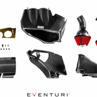 Carbon fiber automotive intake components displayed on a white background; includes an airbox, air filters, mounting brackets, and hardware. Text: "EVENTURI" at the bottom of the image.