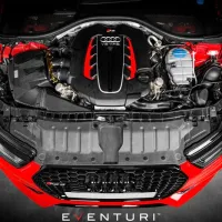 Engine bay of a red car; the Audi V8T FSI engine is prominently positioned with the hood open. "EVENTURI" text is displayed at the bottom.