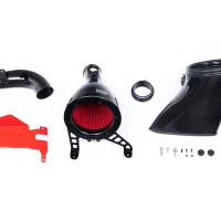 Carbon fiber air intake system with a red air filter and black tubing is displayed on a white background; various components and screws are shown for assembly.