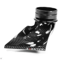 A carbon fiber air intake duct with a glossy finish, displaying the brand "EVENTURI" is set against a plain white background.