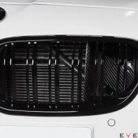 Close-up of a BMW car front grille with black vertical bars and carbon fiber detailing, showing the BMW emblem above; "EVENTURI" text is visible in the bottom right corner.