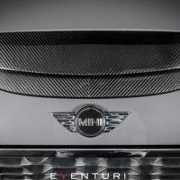Carbon fiber hood scoop on a grey Mini Cooper with the Mini logo beneath. Text "EVENTURI" is at the bottom.
