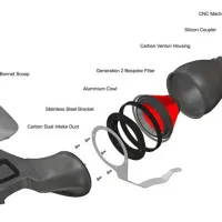 Exploded view of a car intake system showing various components labeled "Carbon Bonnet Scoop, Stainless Steel Bracket, Carbon Venturi Housing," and others, arranged in a sequence, ending with "Silicon Coupler." Text: "EVENTURI F56 MINI COOPER S / JCW"