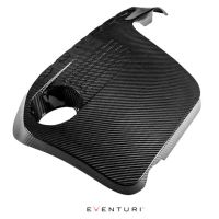 A carbon fiber car engine cover rests against a white background with the brand name "Eventuri" printed below it.