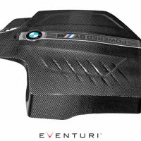 Carbon fiber engine cover, showcasing a BMW logo and "POWERED BY M" text, is set against a white background. The word "EVENTURI" is printed beneath it.