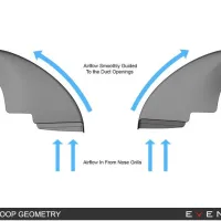 Two grey air intake scoops channel the airflow from nose grills to ducts. Labels: "Airflow In From Nose Grills," "Airflow Smoothly Guided To the Duct Openings," "Airflow Out To Ducts." Text: "F90 M5 SCOOP GEOMETRY EVENTURI."