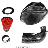 Five carbon fiber and metal components, including a red air filter, laid on white background. Caption: "EVENTURI".