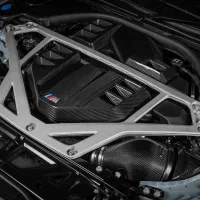 A carbon-fiber BMW engine with an "M" logo sits in a sleek compartment, partially covered by a silver lattice brace and surrounded by various engine components and wires.