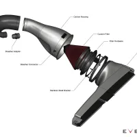 Exploded view of an air intake system with labeled parts, including a carbon housing, custom filter, hardware, stainless steel bracket, carbon duct, breather adapter, and silicon turbo hose. Text: "VW GOLF MK8 R EVENTURI".