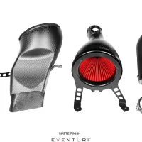 Carbon fiber air intake components, including an intake scoop, air filter with red pleats, intake tube, and clamp, laid out on a white background. Text reads "MATTE FINISH" and "EVENTURI ™" below.