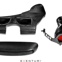 Three carbon fiber car parts, including an intake system with a red filter, arranged on a white background. Eventuri logo at the bottom.