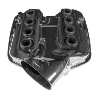 Carbon fiber automotive engine cover with six round openings, set on a white background.