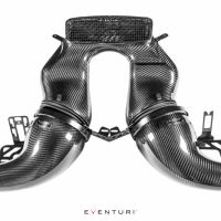 Carbon fiber dual intake system with curved ducts, black detailing, and the brand name "Eventuri" on a white background. Multiple mounting brackets are visible. "Eventuri" text appears twice.