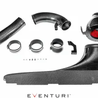 Carbon fiber air intake system components arranged on a white background. The set includes pipes, clamps, screws, and housings. Text reads “EVENTURI” at the bottom center.