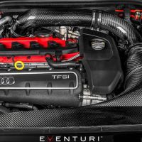 An Audi TFSI engine with a red valve cover and carbon fiber components is showcased in a clean, organized engine bay. Text reads "EVENTURI" at the bottom.