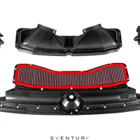 Carbon fiber car air intake system, including components like the air filter, ducts, and tubes, highlighted by a central red air filter. Text: "EVENTURI" on components. White background.