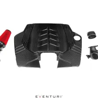 Carbon fiber engine cover and dual red air filters, accompanied by intake ducts and hoses, arranged on a white background. Text at the bottom: "EVENTURI™".