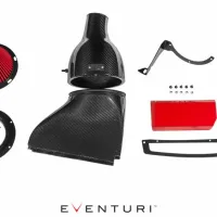 Automotive air intake kit with carbon fiber components, a red air filter, black mounting brackets, screws, and a red rectangular box, arranged on a white background. Text: "EVENTURI."