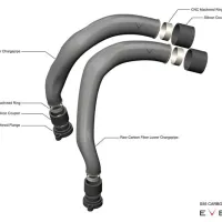 Two carbon fiber chargepipes featuring raw upper and lower sections, CNC machined rings and flanges, and silicone couplers. Text reads: “RAW CARBON FIBER UPPER CHARGEPIPE.” "RAW CARBON FIBER LOWER CHARGEPIPE." "CNC MACHINED RING." "SILICON COUPLER." "CNC MACHINED FLANGE." "S55 CARBON CHARGE" The logo says: "EVENTURI."